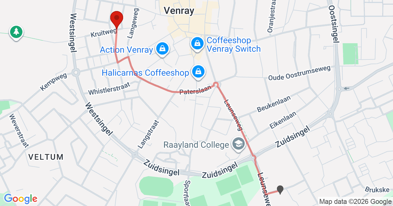 Kaart van het incident in Venray met de aanrijroutes van de gealarmeerde eenheden