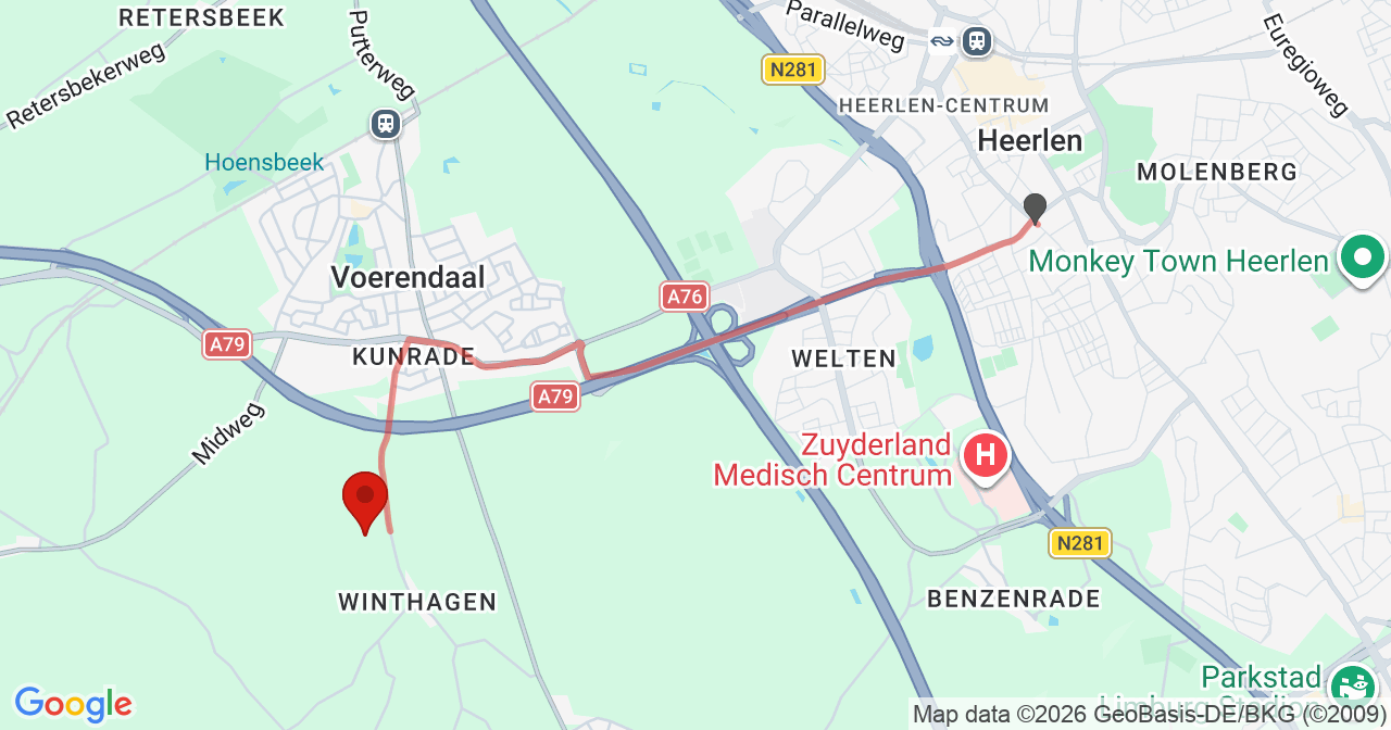 Kaart van het incident in Voerendaal met de aanrijroutes van de gealarmeerde eenheden