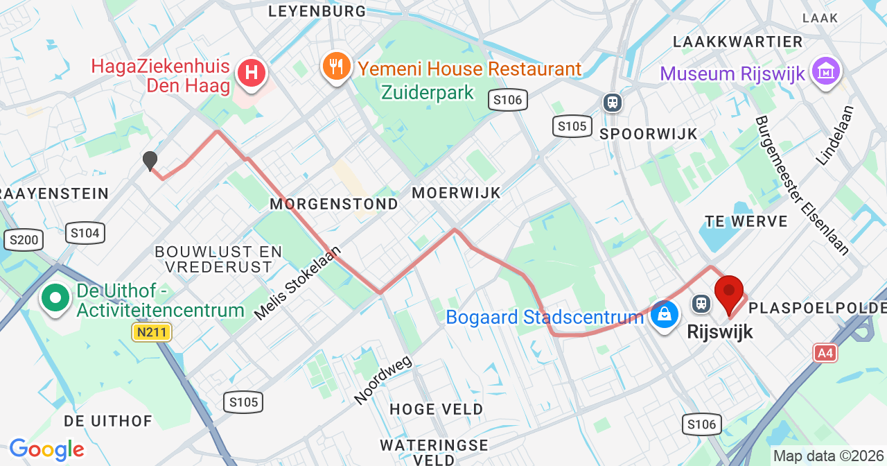 Kaart van het incident in Rijswijk met de aanrijroutes van de gealarmeerde eenheden
