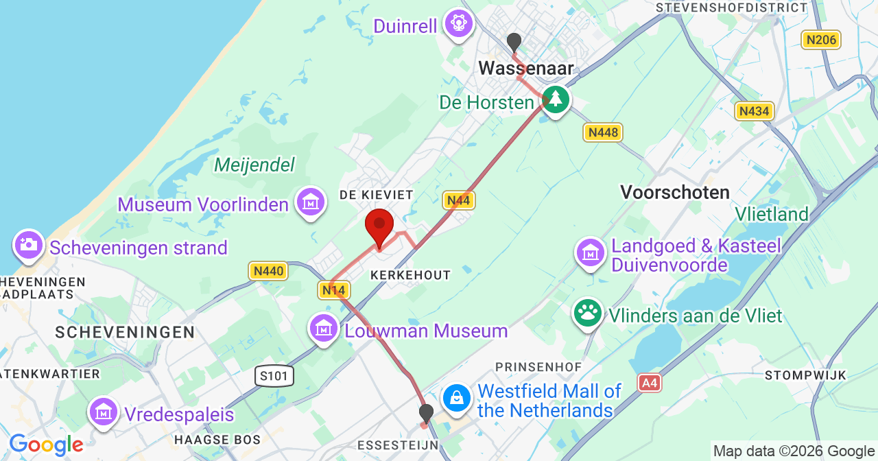 Kaart van het incident in Wassenaar met de aanrijroutes van de gealarmeerde eenheden