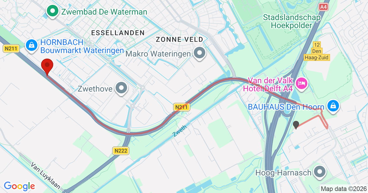 Kaart van het incident in Wateringen met de aanrijroutes van de gealarmeerde eenheden