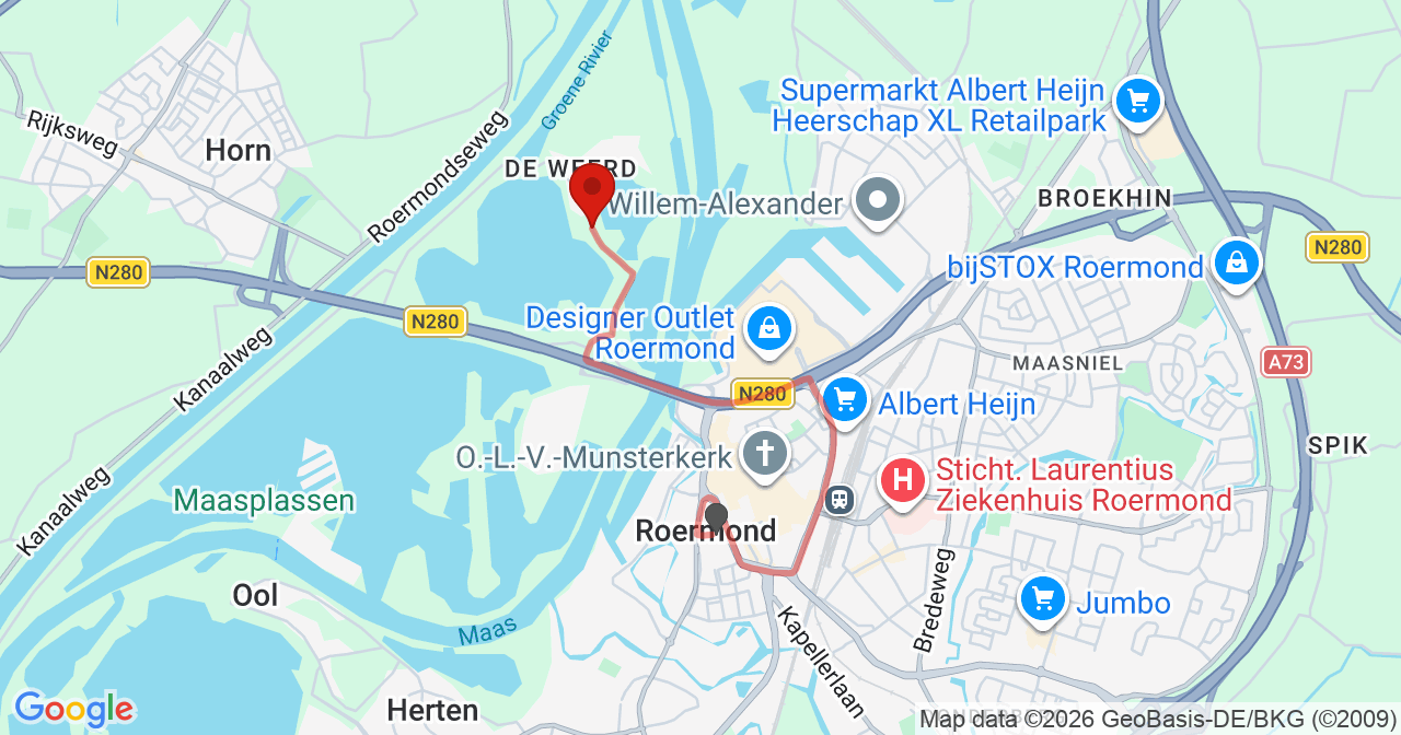 Kaart van het incident in Roermond met de aanrijroutes van de gealarmeerde eenheden