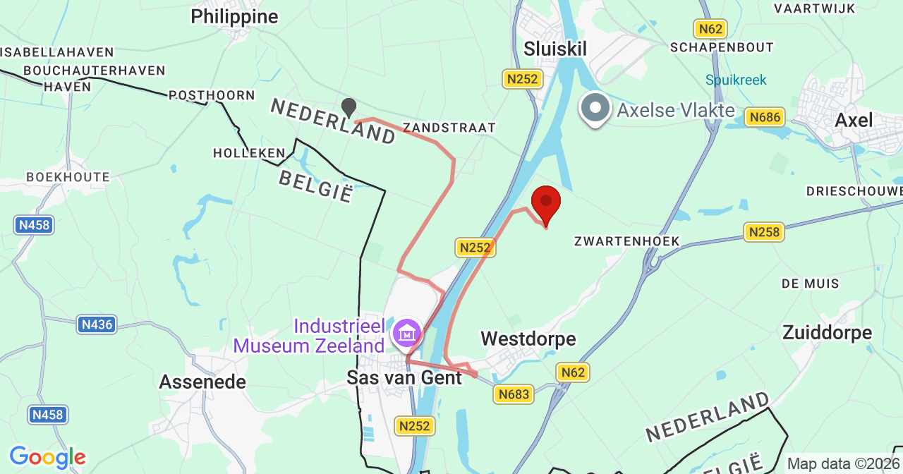 Kaart van het incident in Westdorpe met de aanrijroutes van de gealarmeerde eenheden