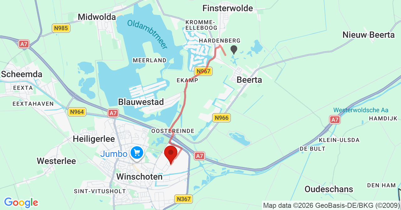 Kaart van het incident in Winschoten met de aanrijroutes van de gealarmeerde eenheden