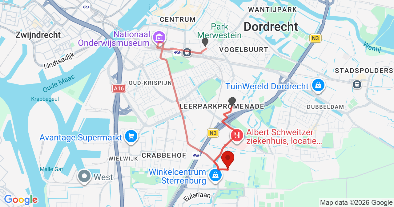 Kaart van het incident in Dordrecht met de aanrijroutes van de gealarmeerde eenheden