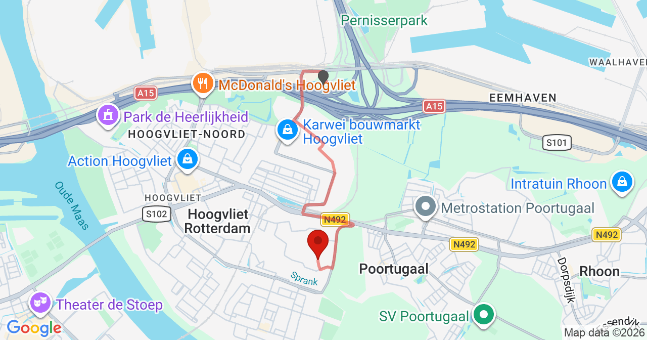 Kaart van het incident in Hoogvliet Rotterdam met de aanrijroutes van de gealarmeerde eenheden