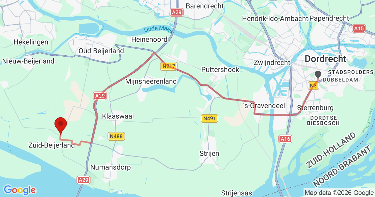Kaart van het incident in Zuid-Beijerland met de aanrijroutes van de gealarmeerde eenheden