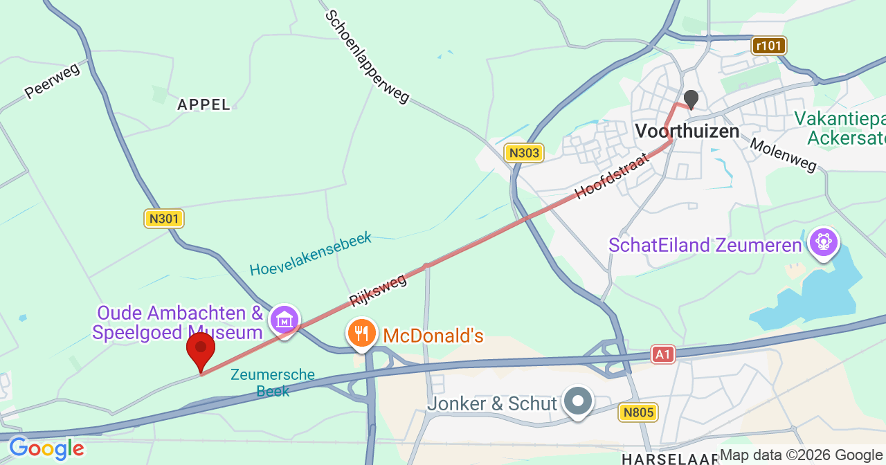 Kaart van het incident in Terschuur met de aanrijroutes van de gealarmeerde eenheden