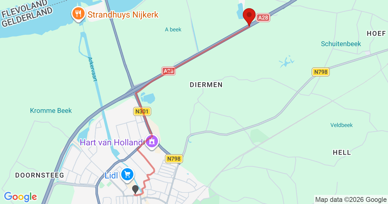 Kaart van het incident in Putten met de aanrijroutes van de gealarmeerde eenheden