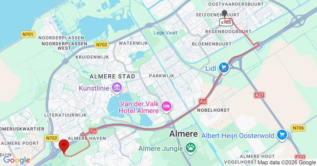 Kaart van het incident in Almere met de aanrijroutes van de gealarmeerde eenheden