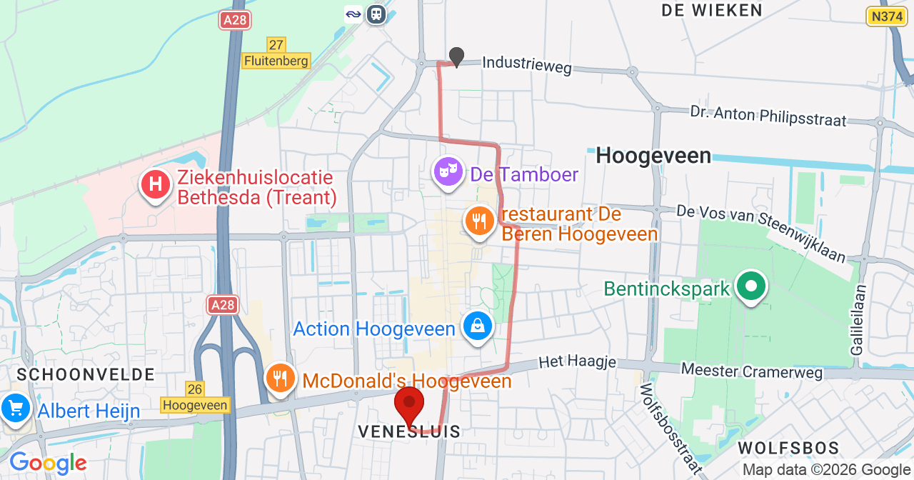 Kaart van het incident in Hoogeveen met de aanrijroutes van de gealarmeerde eenheden