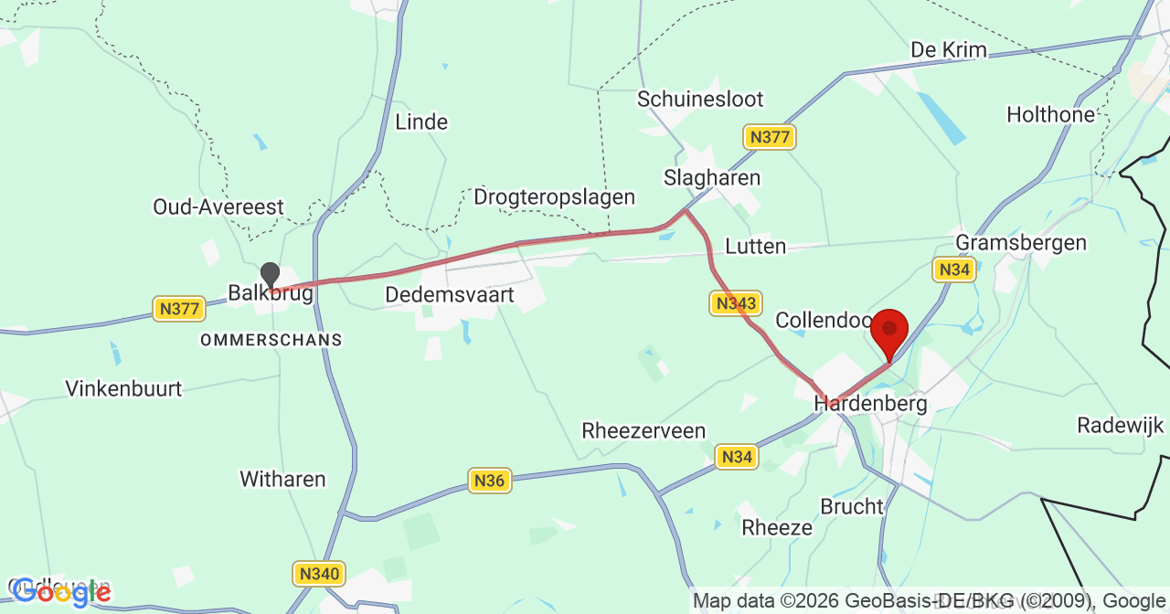Kaart van het incident in Hardenberg met de aanrijroutes van de gealarmeerde eenheden