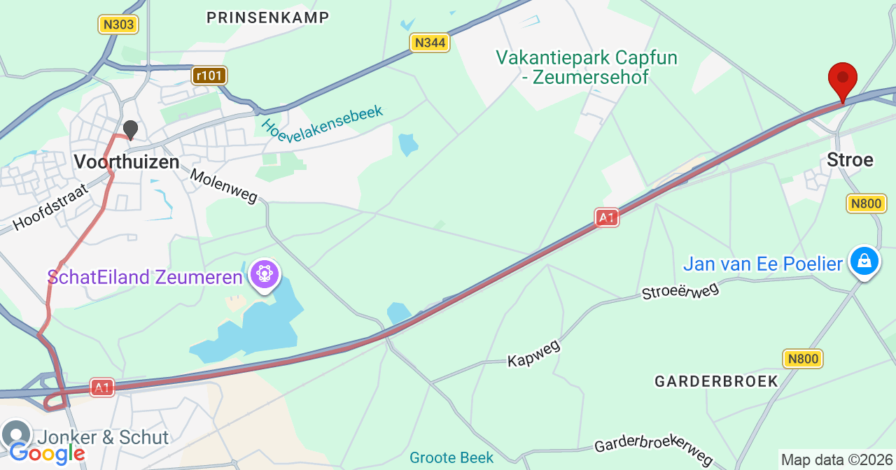 Kaart van het incident in Stroe met de aanrijroutes van de gealarmeerde eenheden