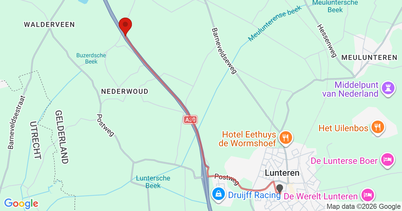 Kaart van het incident in Lunteren met de aanrijroutes van de gealarmeerde eenheden