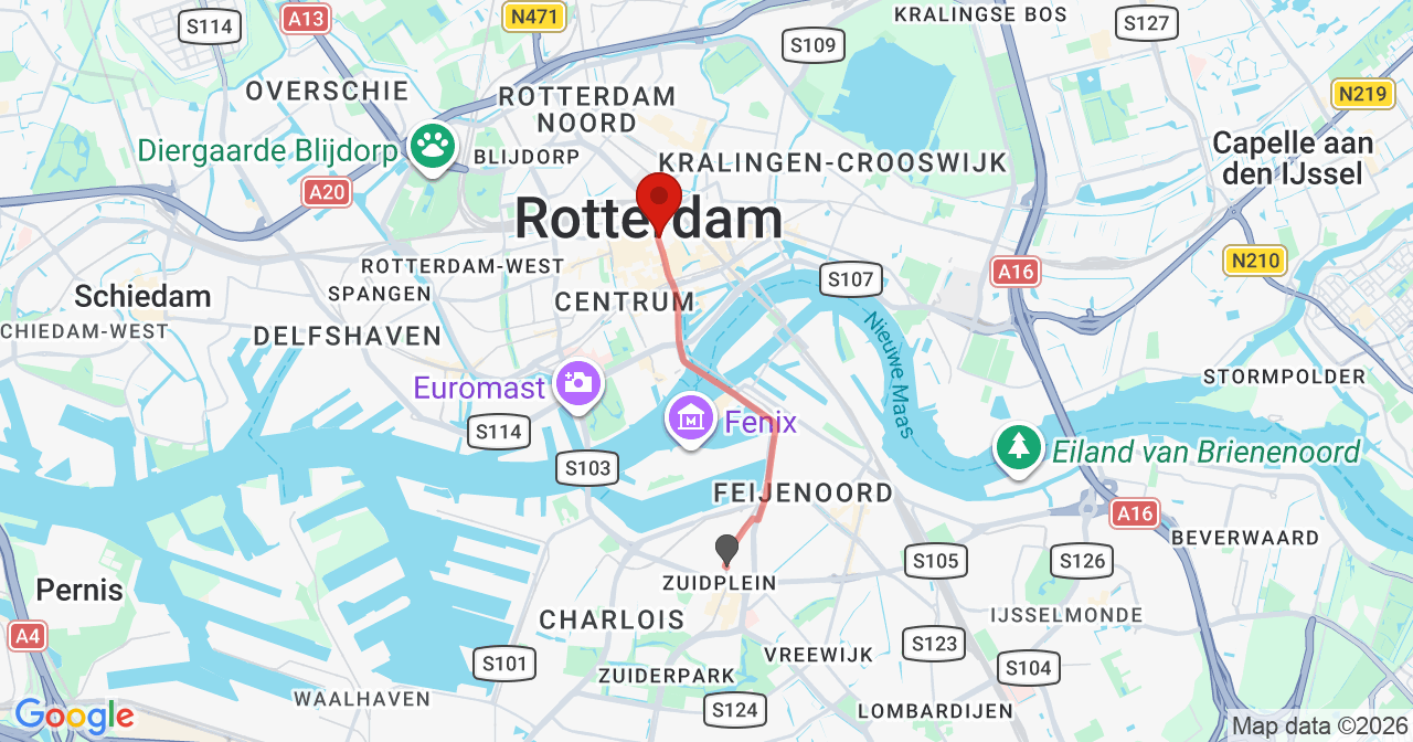 Kaart van het incident in Rotterdam met de aanrijroutes van de gealarmeerde eenheden