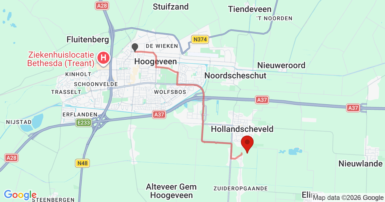 Kaart van het incident in Hollandscheveld met de aanrijroutes van de gealarmeerde eenheden