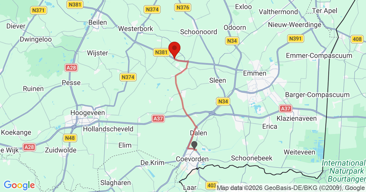 Kaart van het incident in Aalden met de aanrijroutes van de gealarmeerde eenheden
