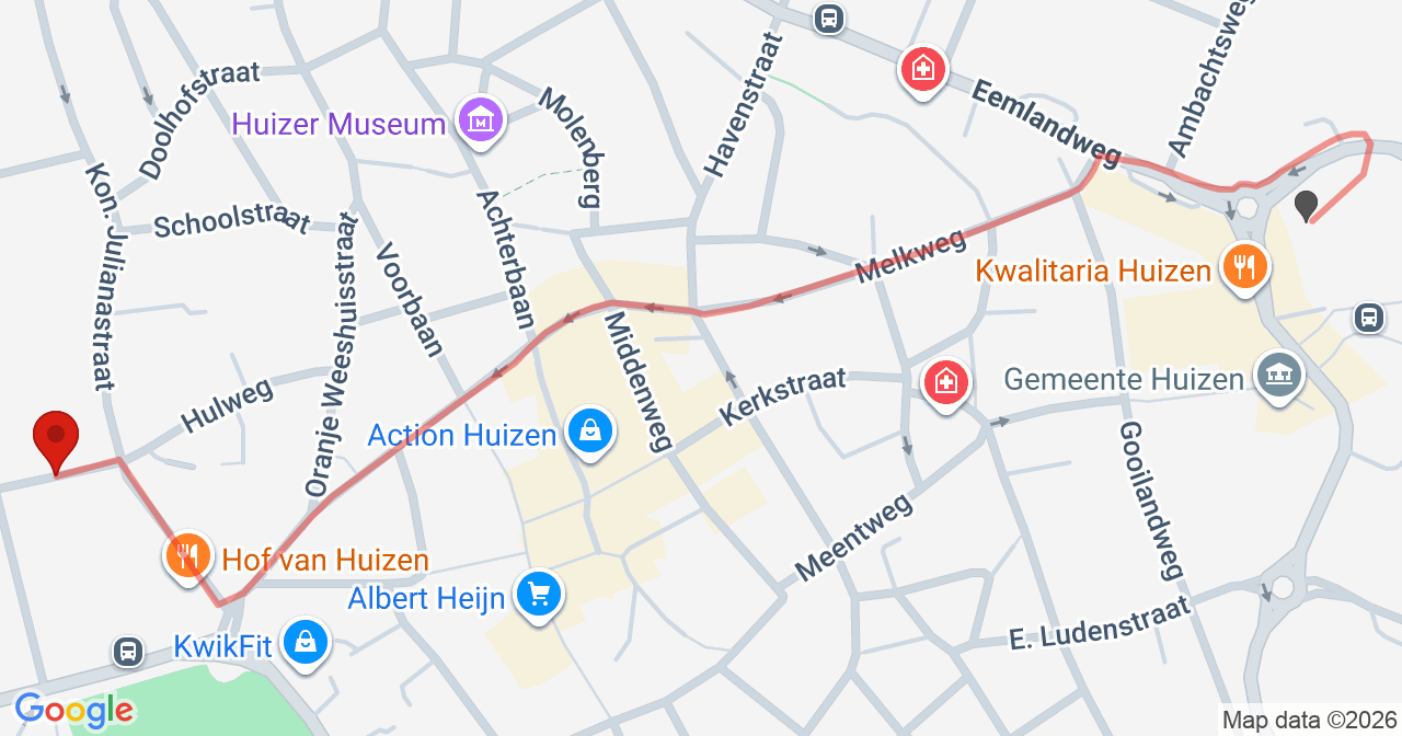 Kaart van het incident in Huizen met de aanrijroutes van de gealarmeerde eenheden