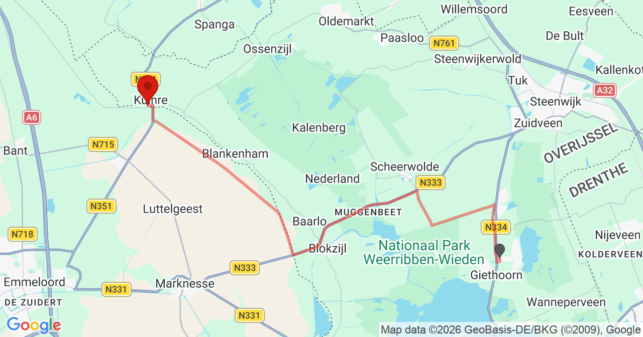Kaart van het incident in Kuinre met de aanrijroutes van de gealarmeerde eenheden