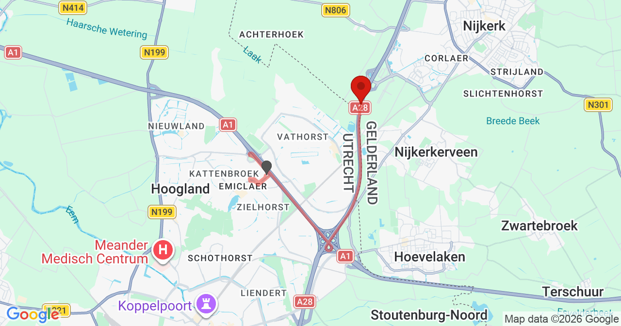 Kaart van het incident in Amersfoort met de aanrijroutes van de gealarmeerde eenheden