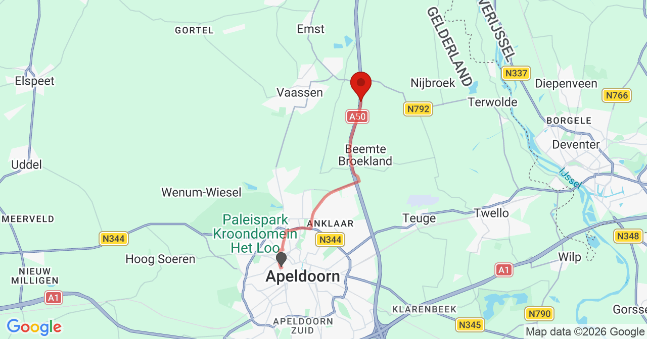 Kaart van het incident in Vaassen met de aanrijroutes van de gealarmeerde eenheden