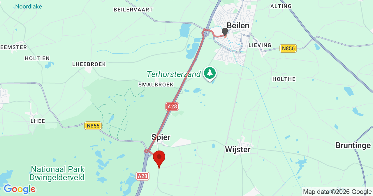Kaart van het incident in Spier met de aanrijroutes van de gealarmeerde eenheden