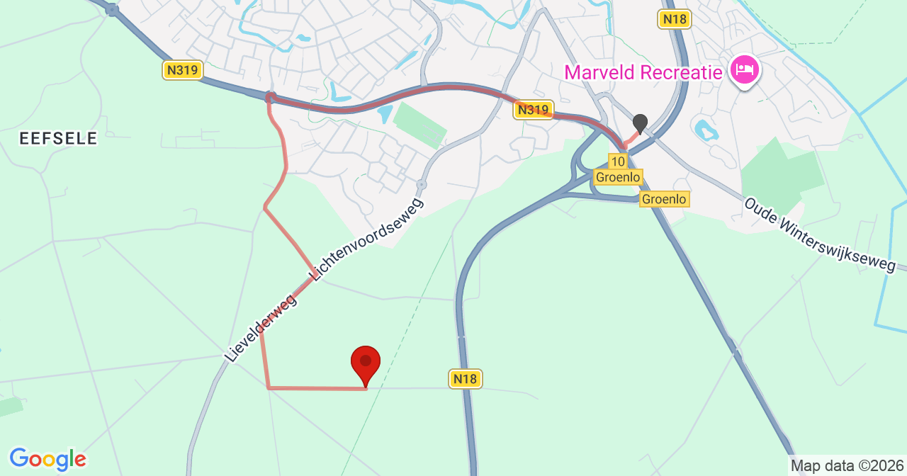 Kaart van het incident in Lievelde met de aanrijroutes van de gealarmeerde eenheden