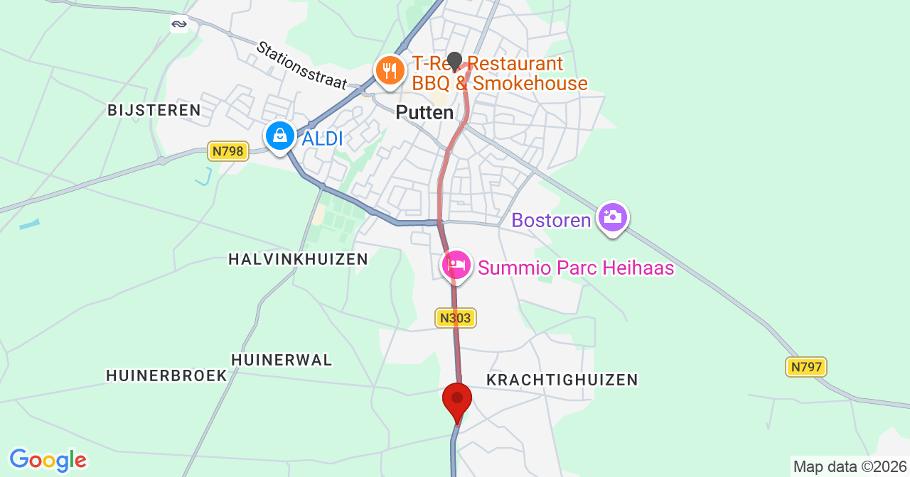 Kaart van het incident in Putten met de aanrijroutes van de gealarmeerde eenheden