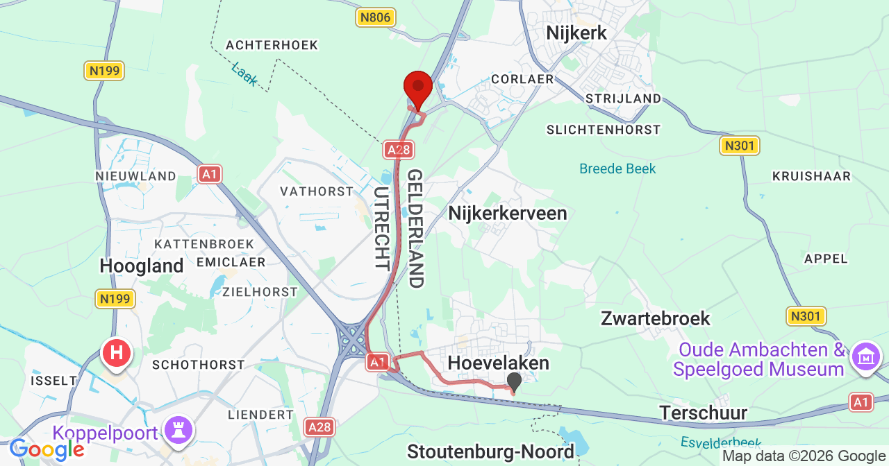 Kaart van het incident in Nijkerk met de aanrijroutes van de gealarmeerde eenheden