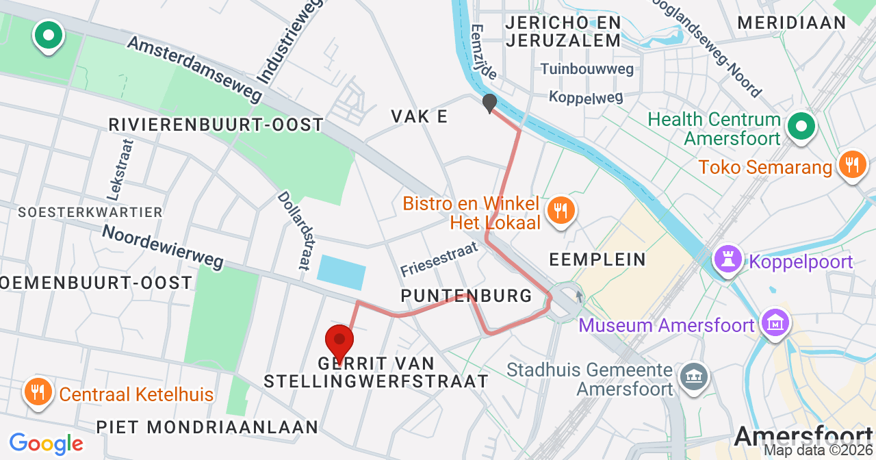 Kaart van het incident in Amersfoort met de aanrijroutes van de gealarmeerde eenheden