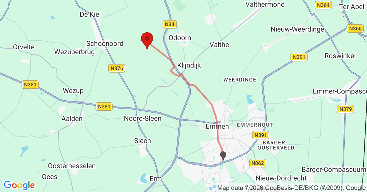 Kaart van het incident in Odoornerveen met de aanrijroutes van de gealarmeerde eenheden