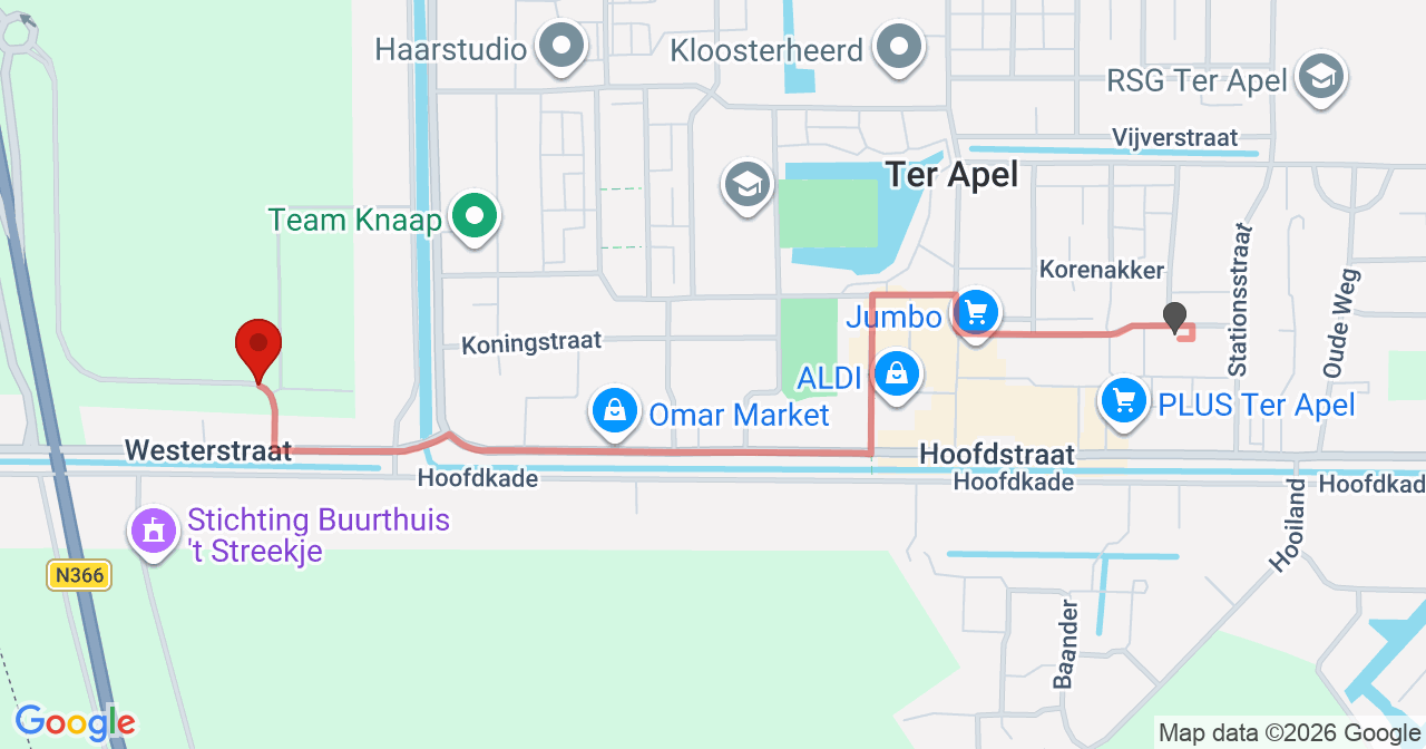 Kaart van het incident in Ter Apel met de aanrijroutes van de gealarmeerde eenheden