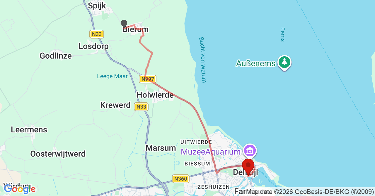Kaart van het incident in Delfzijl met de aanrijroutes van de gealarmeerde eenheden