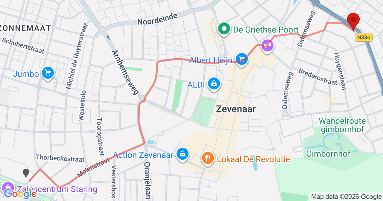 Kaart van het incident in Zevenaar met de aanrijroutes van de gealarmeerde eenheden