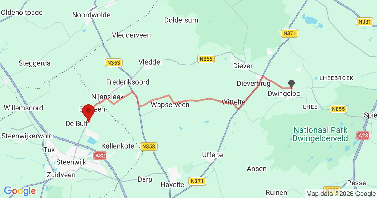Kaart van het incident in Dwingeloo met de aanrijroutes van de gealarmeerde eenheden