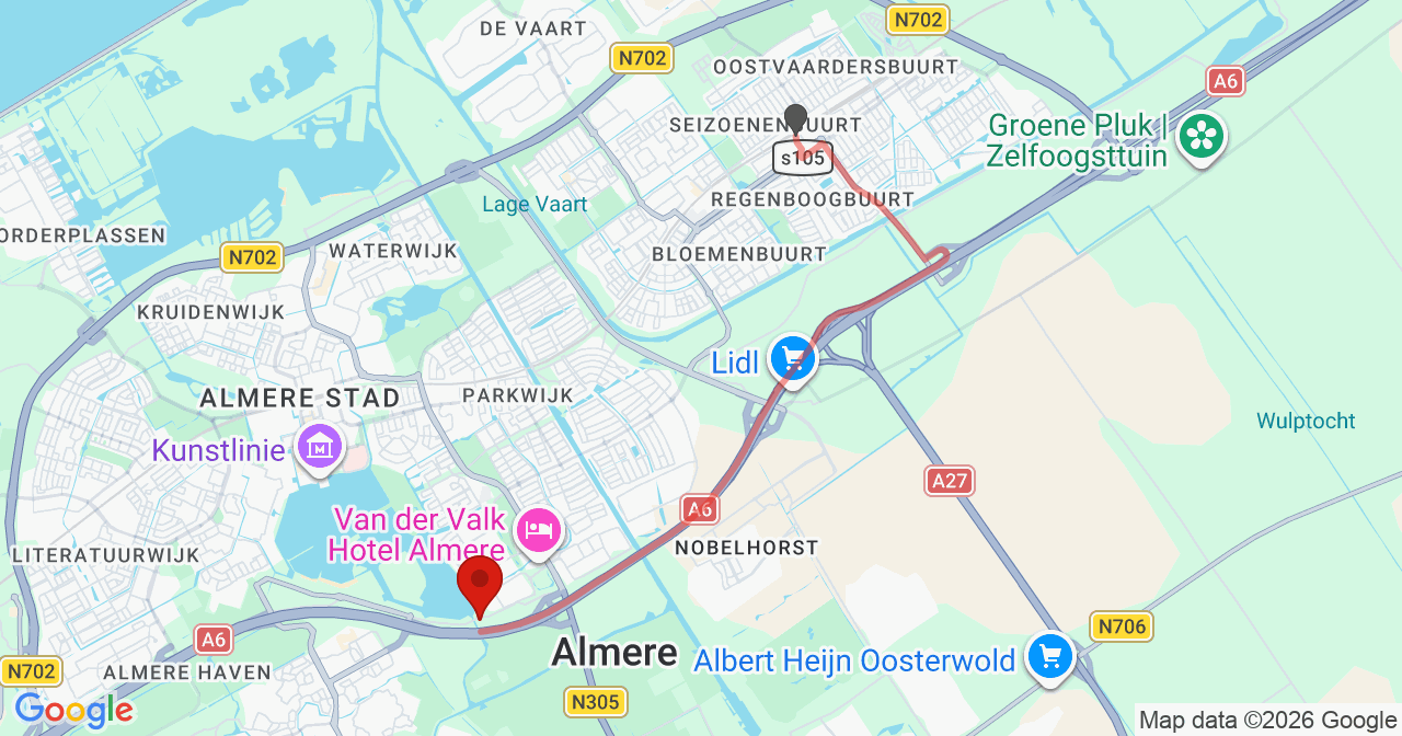 Kaart van het incident in Almere met de aanrijroutes van de gealarmeerde eenheden