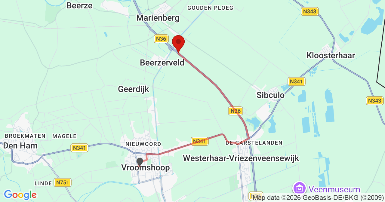 Kaart van het incident in Beerzerveld met de aanrijroutes van de gealarmeerde eenheden