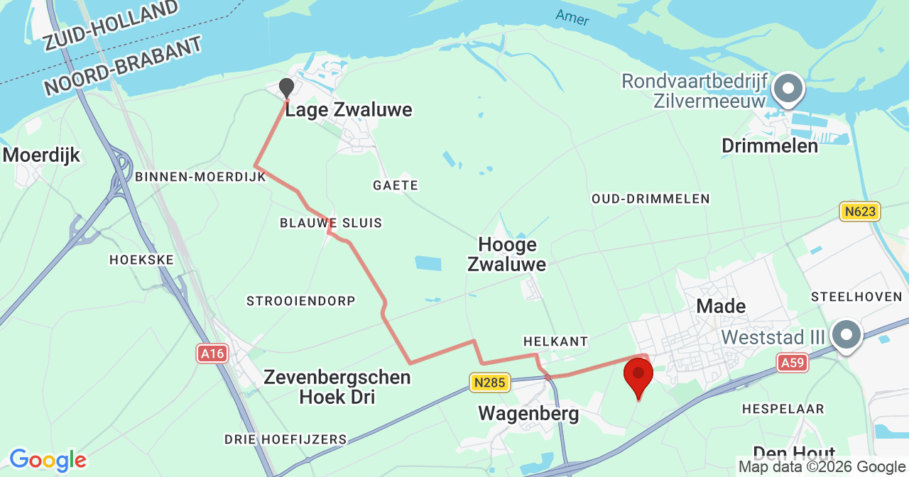 Kaart van het incident in Wagenberg met de aanrijroutes van de gealarmeerde eenheden
