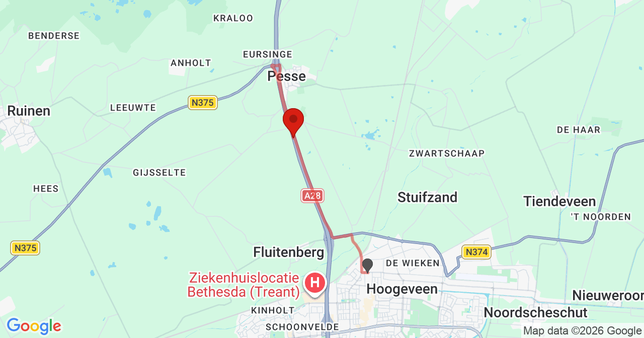 Kaart van het incident in Hoogeveen met de aanrijroutes van de gealarmeerde eenheden