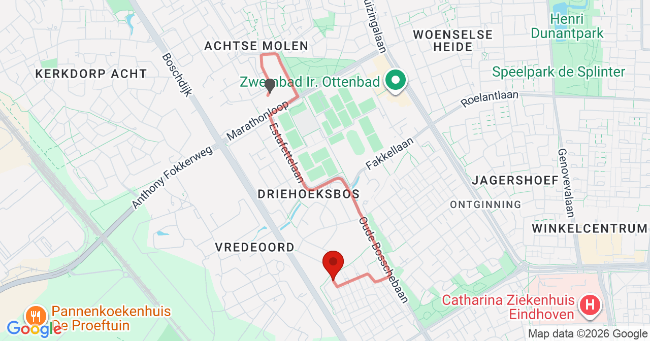 Kaart van het incident in Eindhoven met de aanrijroutes van de gealarmeerde eenheden
