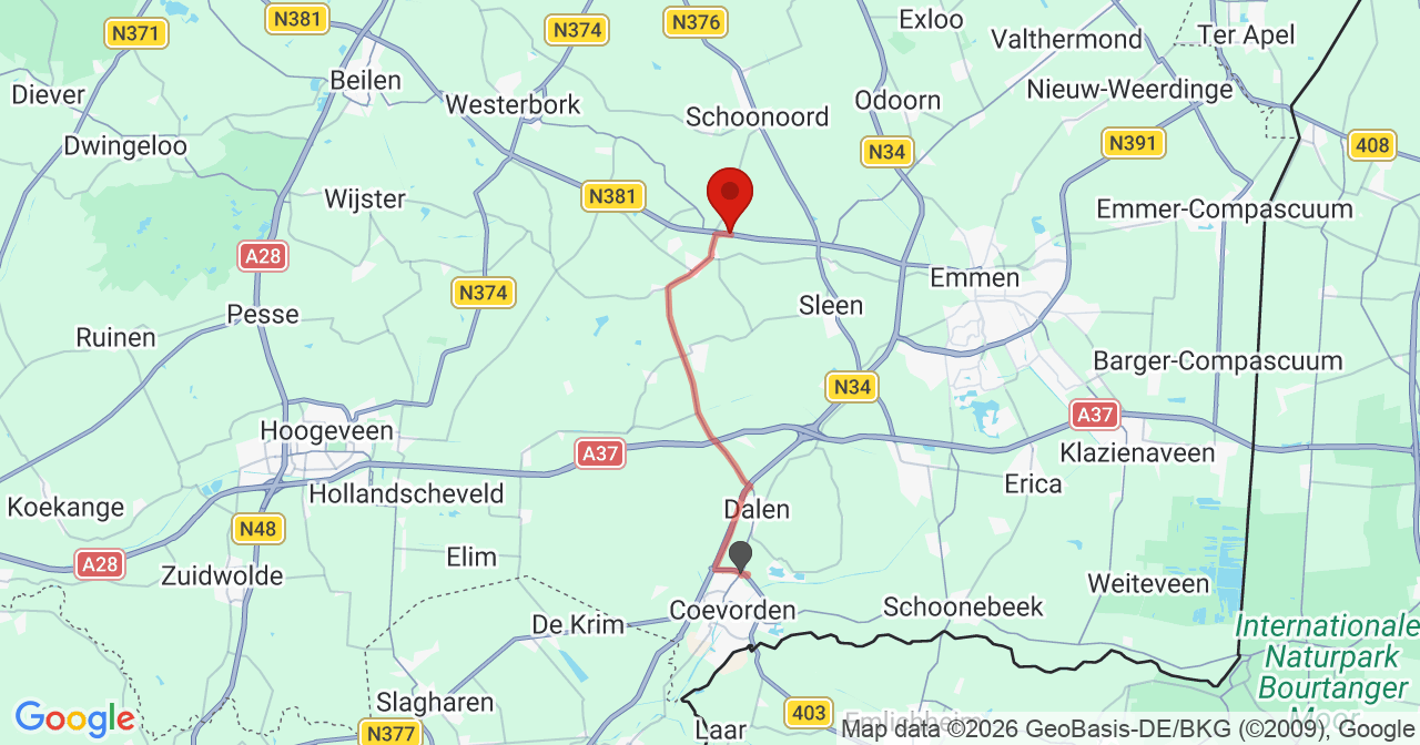 Kaart van het incident in Zweeloo met de aanrijroutes van de gealarmeerde eenheden