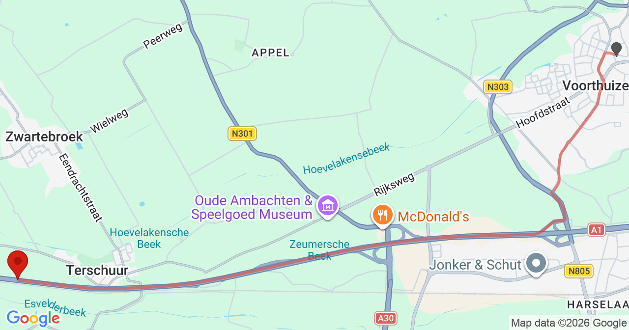 Kaart van het incident in Terschuur met de aanrijroutes van de gealarmeerde eenheden