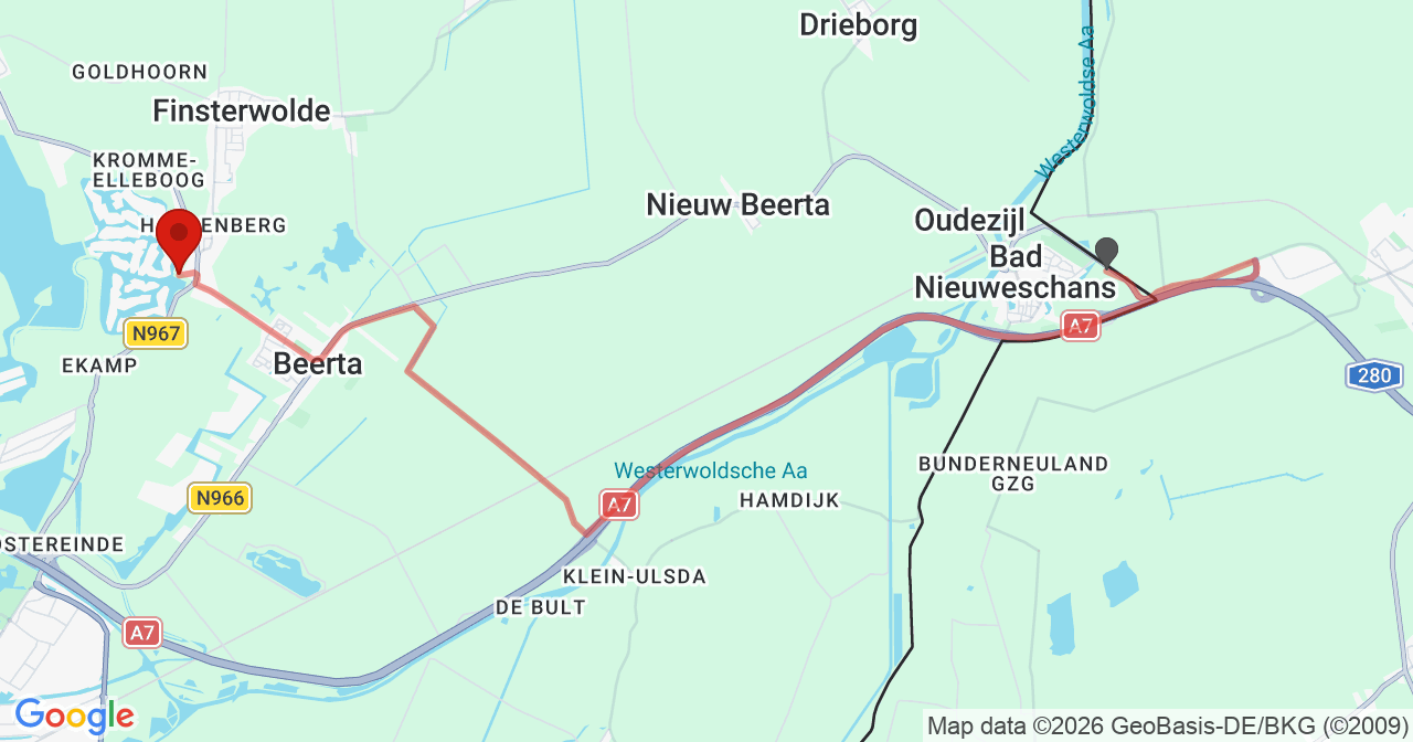 Kaart van het incident in Finsterwolde met de aanrijroutes van de gealarmeerde eenheden