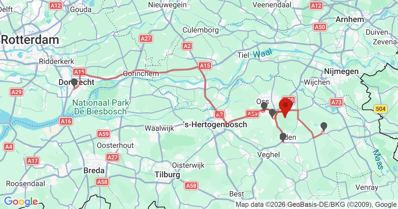 Kaart van het incident in Schaijk met de aanrijroutes van de gealarmeerde eenheden
