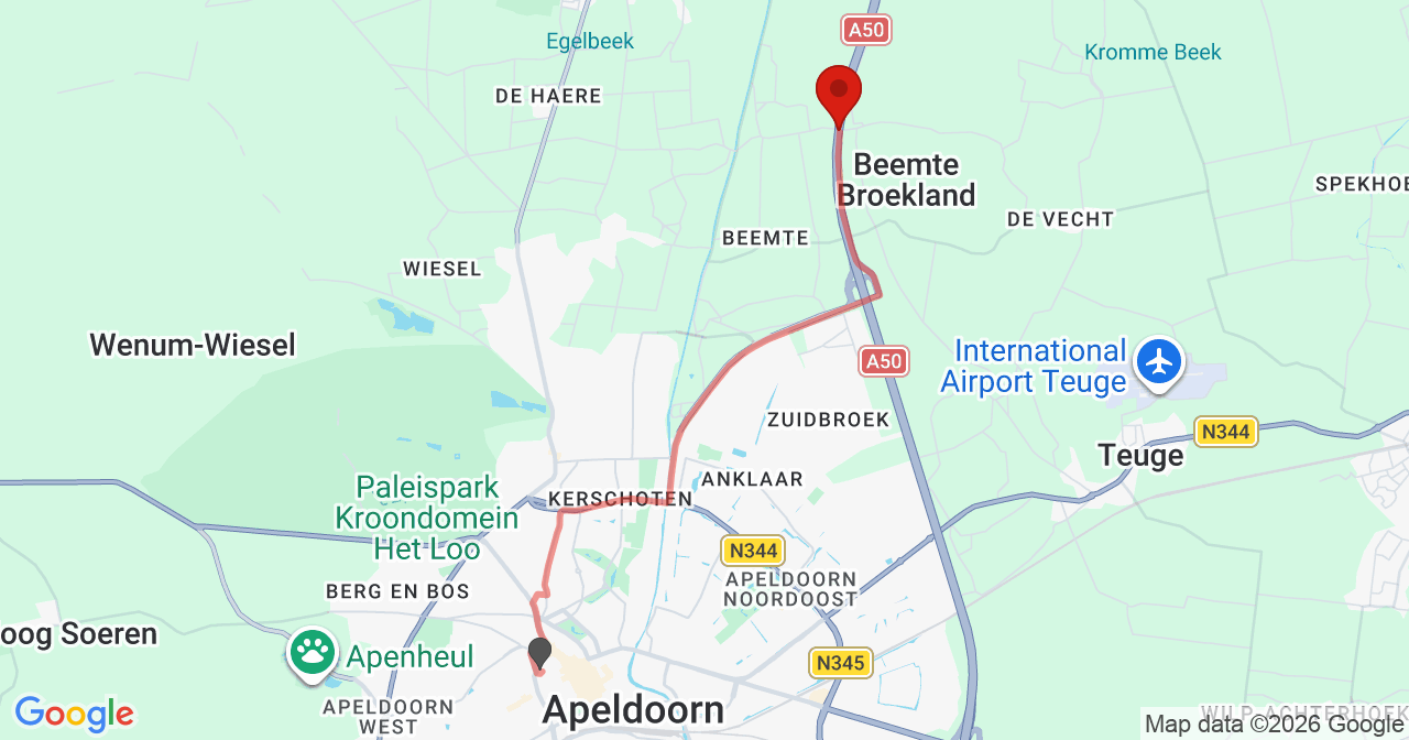 Kaart van het incident in Beemte Broekland met de aanrijroutes van de gealarmeerde eenheden