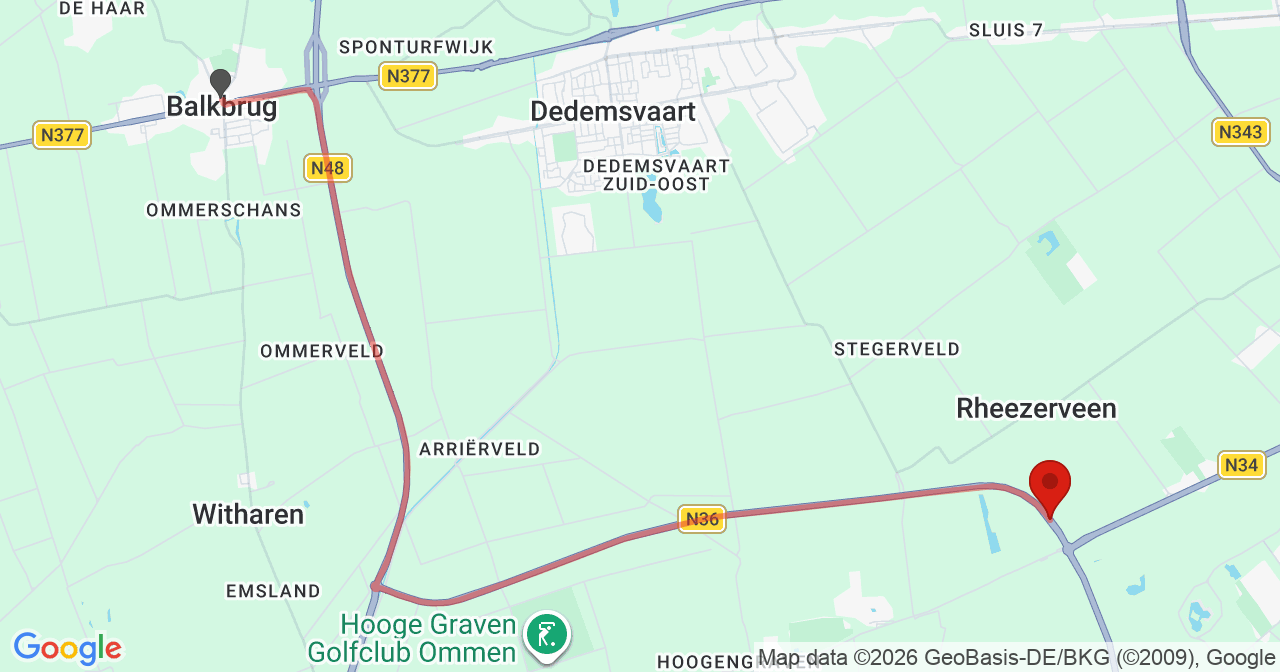 Kaart van het incident in Rheezerveen met de aanrijroutes van de gealarmeerde eenheden