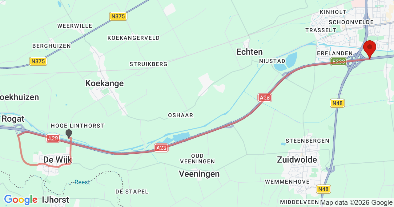 Kaart van het incident in Hoogeveen met de aanrijroutes van de gealarmeerde eenheden