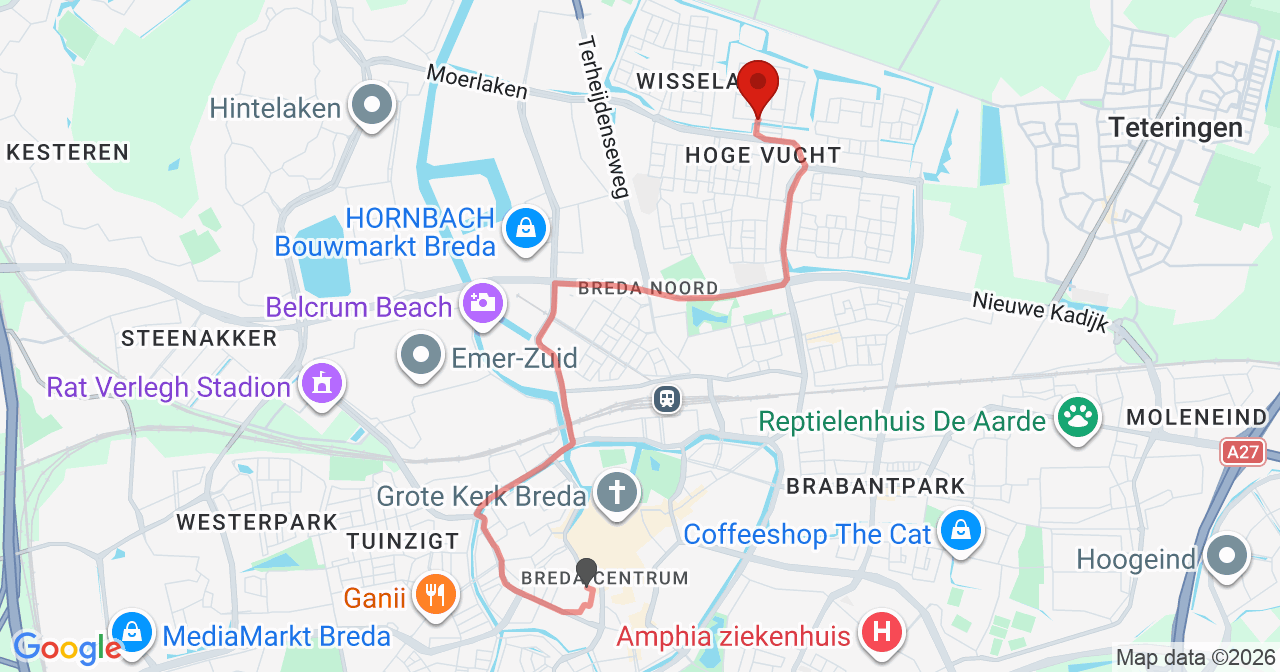 Kaart van het incident in Breda met de aanrijroutes van de gealarmeerde eenheden