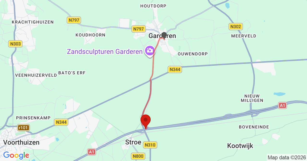 Kaart van het incident in Stroe met de aanrijroutes van de gealarmeerde eenheden
