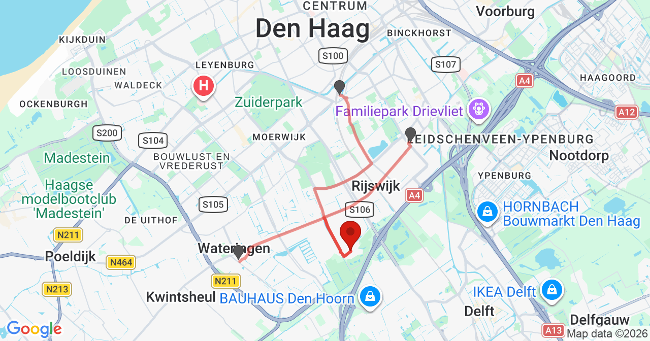 Kaart van het incident in Rijswijk ZH met de aanrijroutes van de gealarmeerde eenheden
